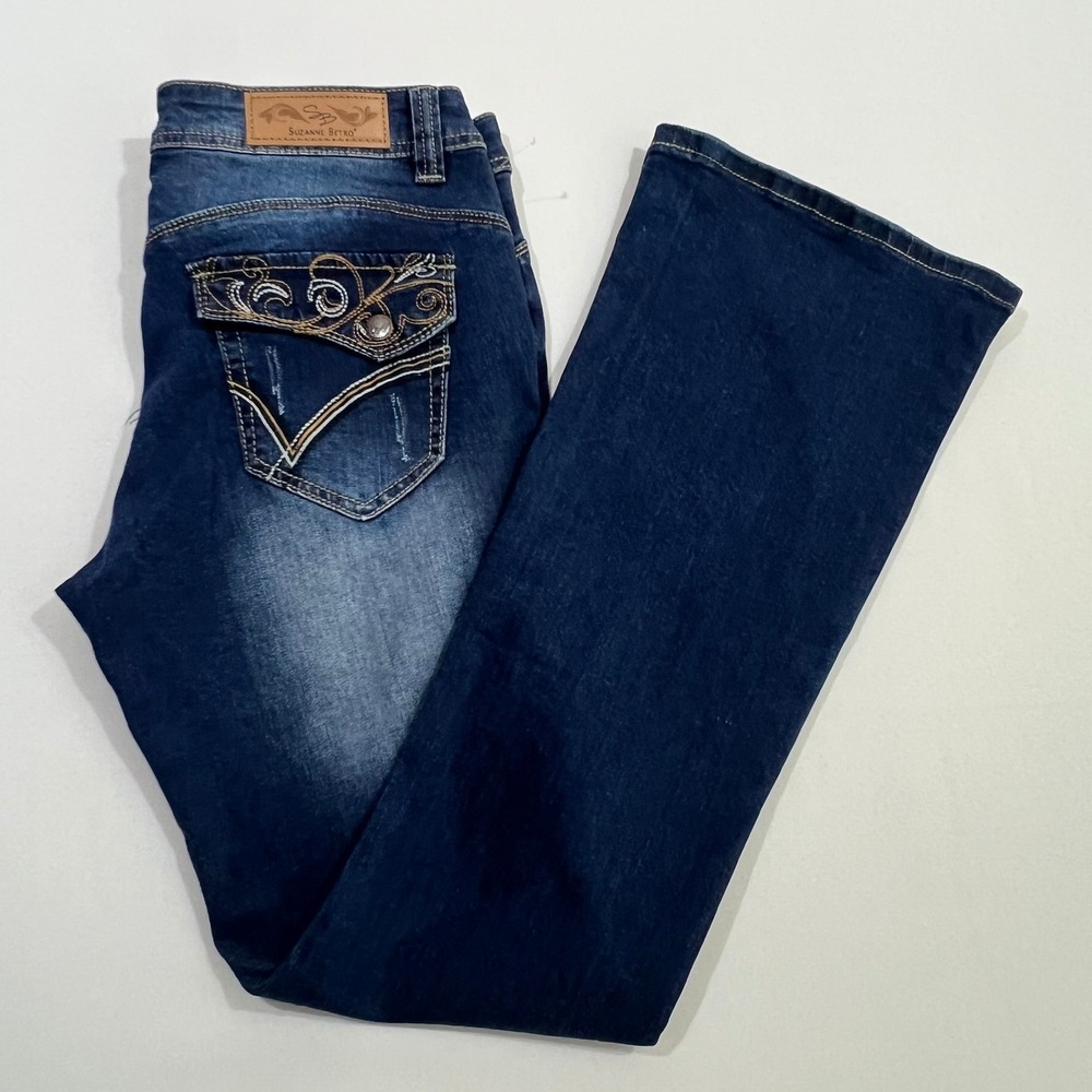 Suzanne Betro Brisbane Bootcut Jeans Embroidered Flap Pocket Distressed‎ 10 NWT